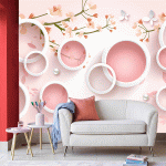 3D Cherry Blossom Pink Wallpaper – Elegant Floral Design with White Rings (Free Shipping - Free Installment)