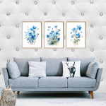 Luxury Diamond-Buttoned Leather Panel Wallpaper – White with Blue Floral Frames (Free Shipping - Free Installment)